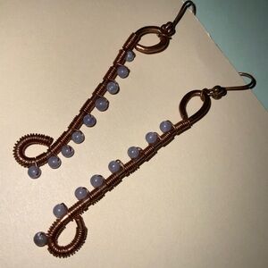 Handmade Oxidized Copper Wire-Wrapped Earrings w/ Authentic Blue Chalcedony